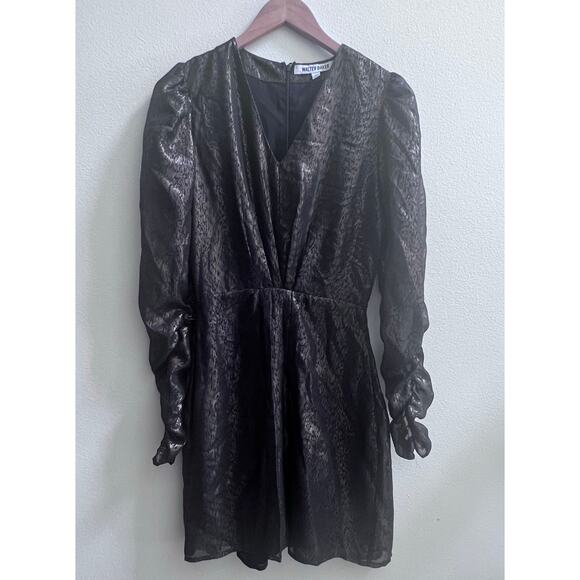 WALTER BAKER V-Neck Puff Long Sleeve Flowy Party Mini Dress Black Gold Womens XS - Picture 1 of 8